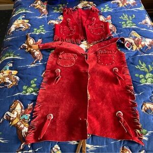 Vintage 1970’s Sears Red Suede Leather Vest and Chaps Set with Fringe Sz L 6/6X